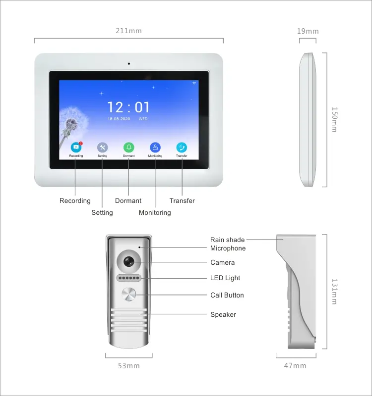视频门铃、RL-T07F-WIFI、4根电线、最多支持4台室内监视器、2台室外单元和2台闭路电视、图雅智能、2.4GHz WiFi、7英寸触摸屏、1024*600、1080P 摄像头、免提通话、锁定释放10