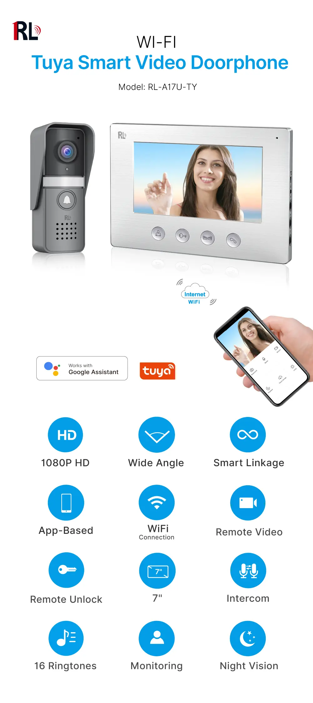 7英寸WIFI AHD可视门铃 #RL-A17U-TY - 通过Tuya Smart APP，可远程监控、对讲和开锁。- 200万像素AHD摄像头。- 提供16种铃声可选。- 支持电控锁和门禁锁连接。_01
