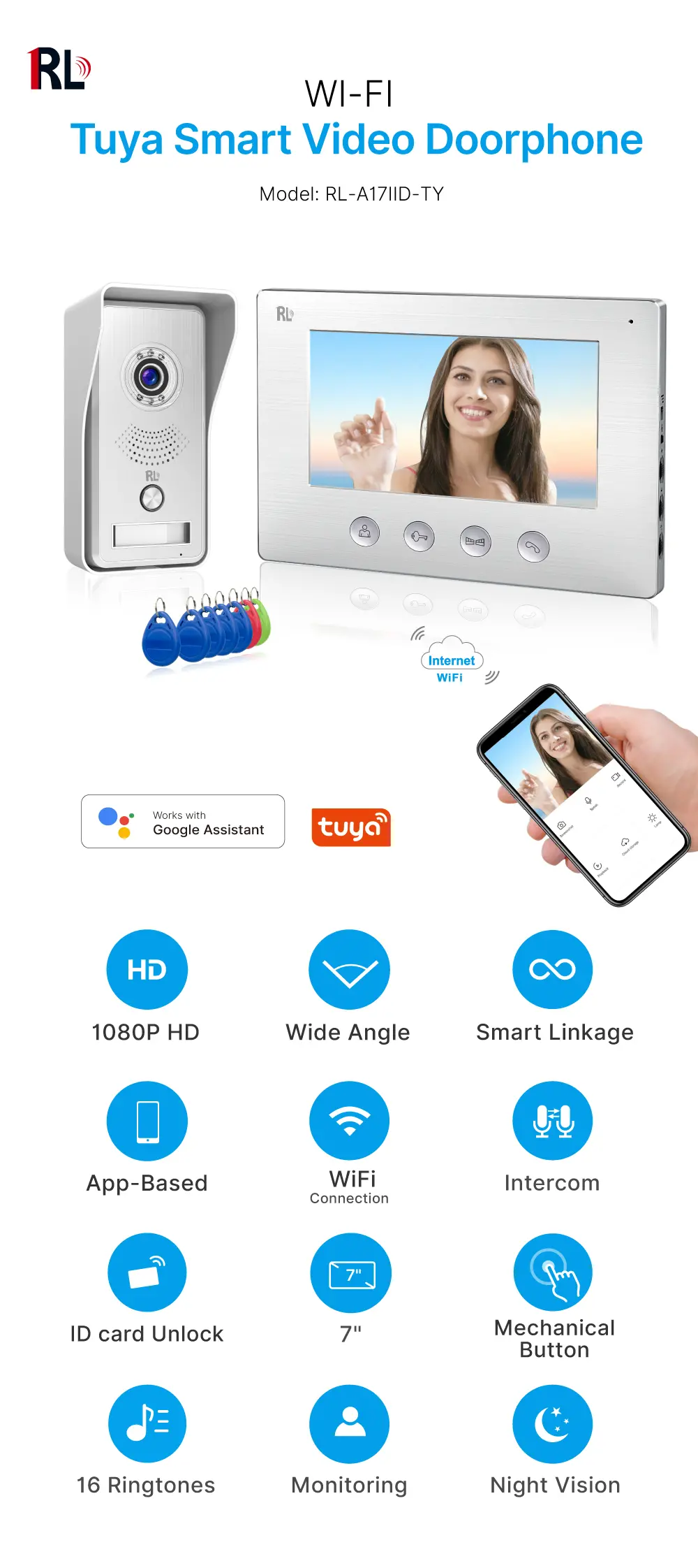 7英寸WIFI AHD视频门电话 # RL-A17IID-TY-使用Tuya智能应用程序-200万像素AHD摄像头。 -16个旋律供选择。-电动锁和门锁连接。 -身份证解锁。_ 01