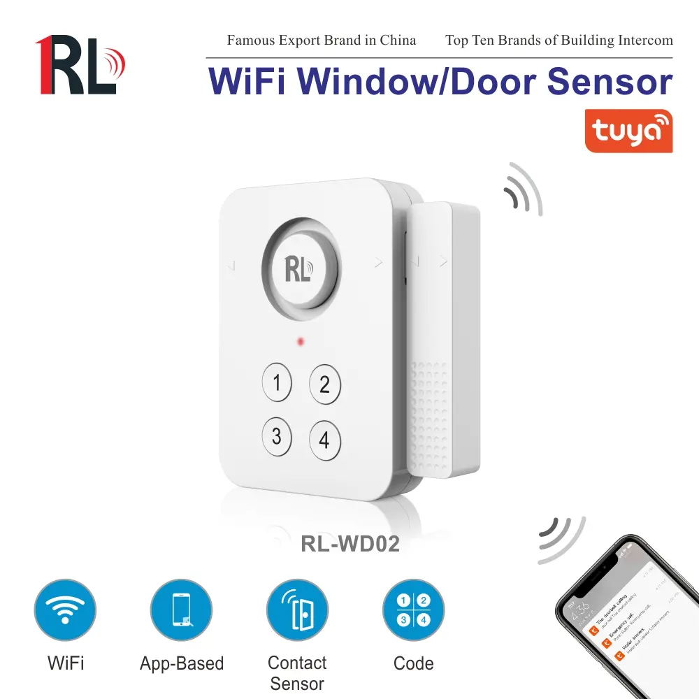 图雅智能智能家居磁性门传感器，型号 RL-WD02。支持键盘控制，静音运行（仅100分贝）。内置2.4GHz WiFi，无需集线器即可实现自动化场景与推送通知1。