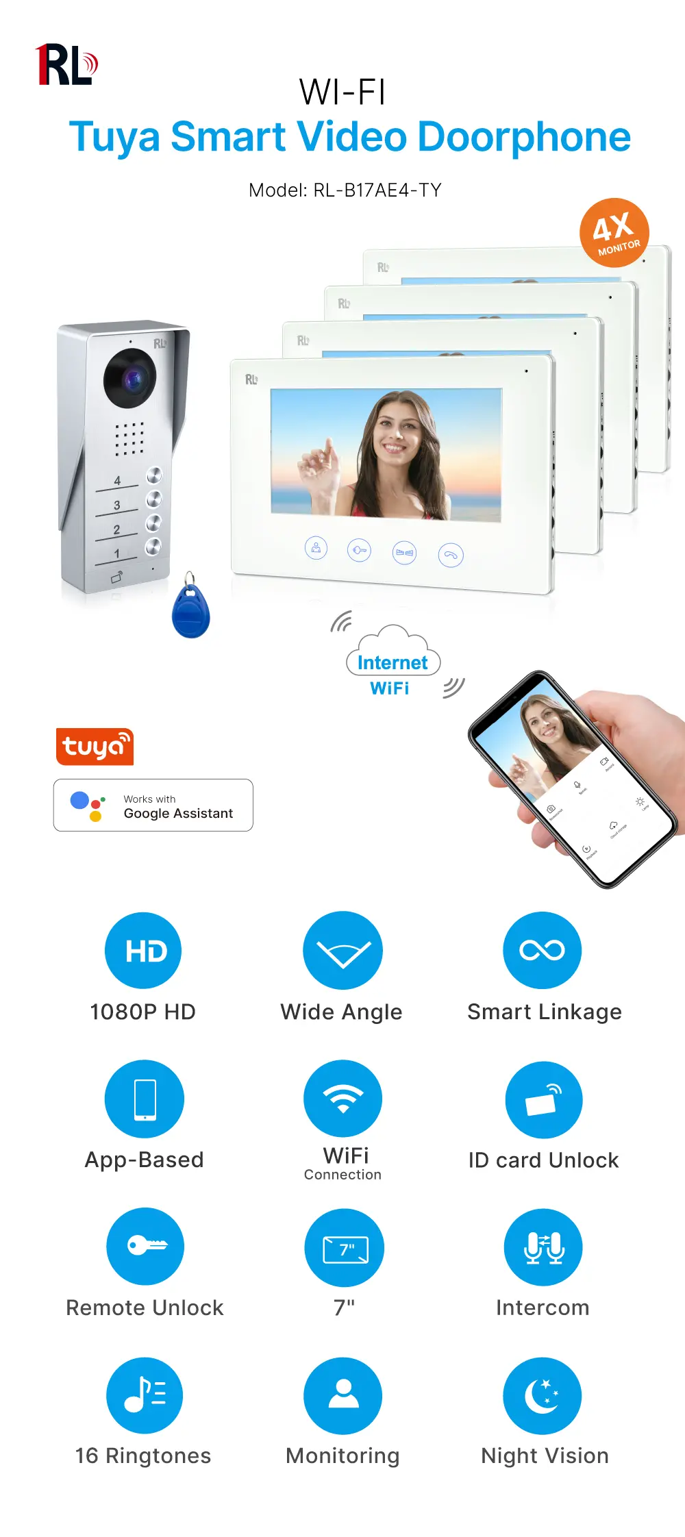 视频门铃,-RL-B17AE4-TY,-4-家庭,-4-电源线,图雅WiFi,-7英寸AHD屏幕,-1024 × 600,-1080-高清摄像头,免提通话,ID卡解锁_01