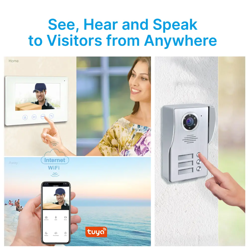 7英寸 TUYA WIFI 智能视频门铃 Doorphone#RL-B17W3-TY-，安装便捷，支持室内与室外设备互联。随时随地查看、聆听并与访客通话。1080P AHD 门铃。内置百万高清摄像头，配备夜视功能。_02