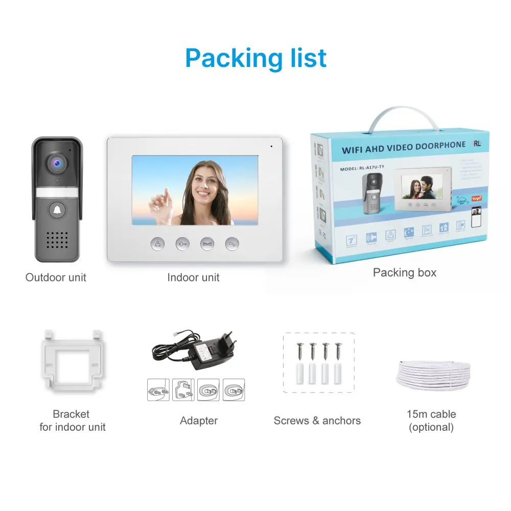 7英寸WIFI AHD可视门铃 #RL-A17U-TY - 通过Tuya Smart APP，可远程监控、对讲和开锁。- 200万像素AHD摄像头。- 提供16种铃声可选。- 支持电控锁和门禁锁连接。_13