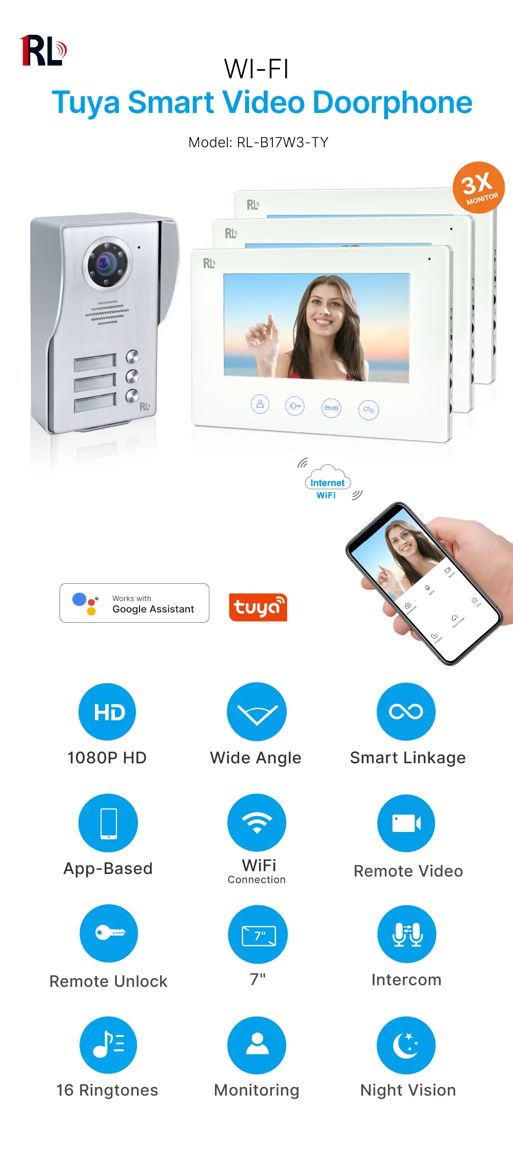 7英寸 TUYA WIFI 智能视频门铃 Doorphone#RL-B17W3-TY-，安装便捷，支持室内与室外设备互联。随时随地查看、聆听并与访客通话。1080P AHD 门铃。内置百万高清摄像头，配备夜视功能。_01