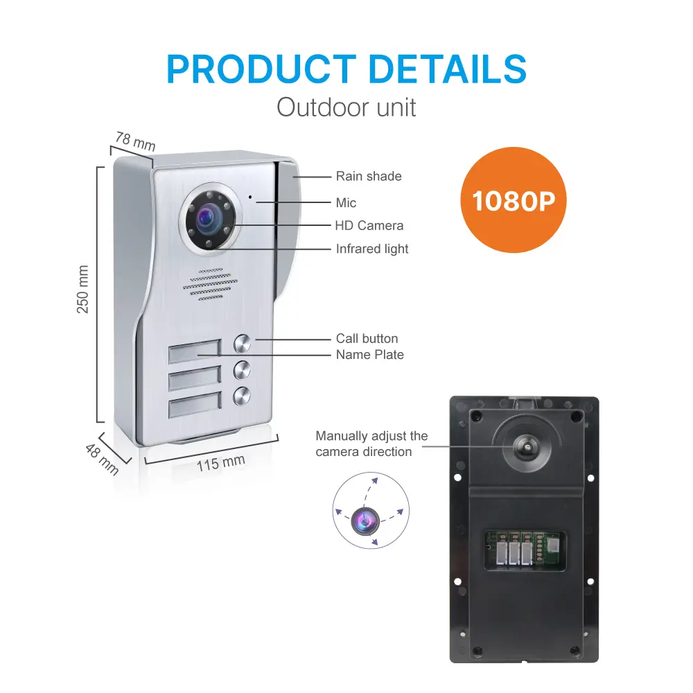 7英寸 TUYA WIFI 智能视频门铃 Doorphone#RL-B17W3-TY-，安装便捷，支持室内与室外设备互联。随时随地查看、聆听并与访客通话。1080P AHD 门铃。内置百万高清摄像头，配备夜视功能。_08