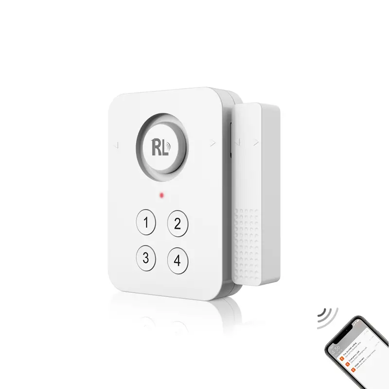 门磁传感器，适用于智能家居，型号 RL-WD02，支持键盘控制，灵敏度 100dB，涂鸦智能平台，2.4GHz WiFi 连接，无需网关，支持自动化场景与推送通知。