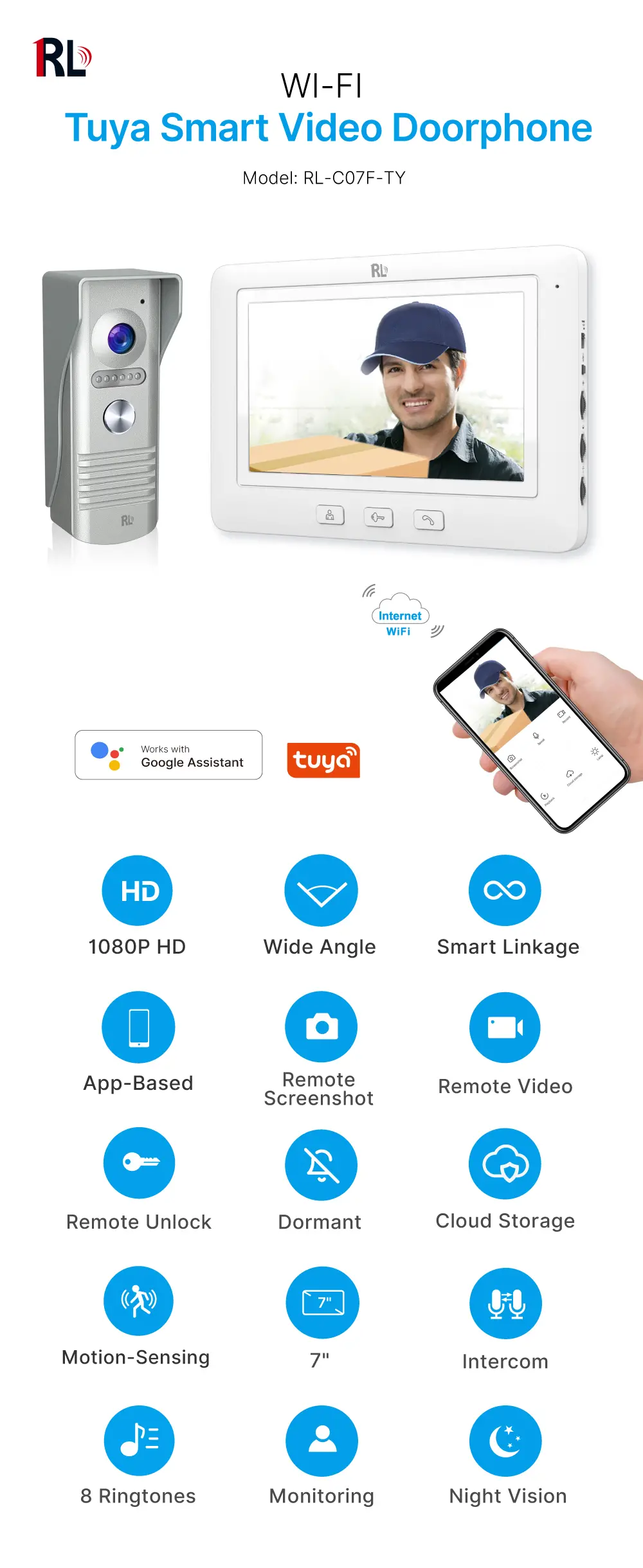 7inchTuya 智能视频门铃 # RL-C07F-TY- 1080P AHD 可视门铃。- 内置高清摄像头 - 运动检测 - 云存储 - 防水设计，适用于户外 - 易于 4-wire 连接_01